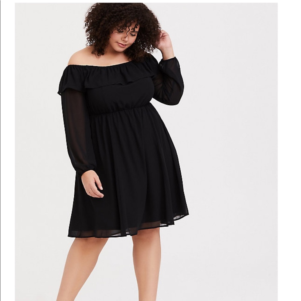 Black chiffon off the shoulder skater dress